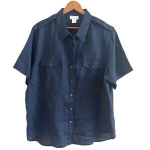 Jordan Woman vintage size 2X Navy 100% Linen Button up top Beach Minimalist